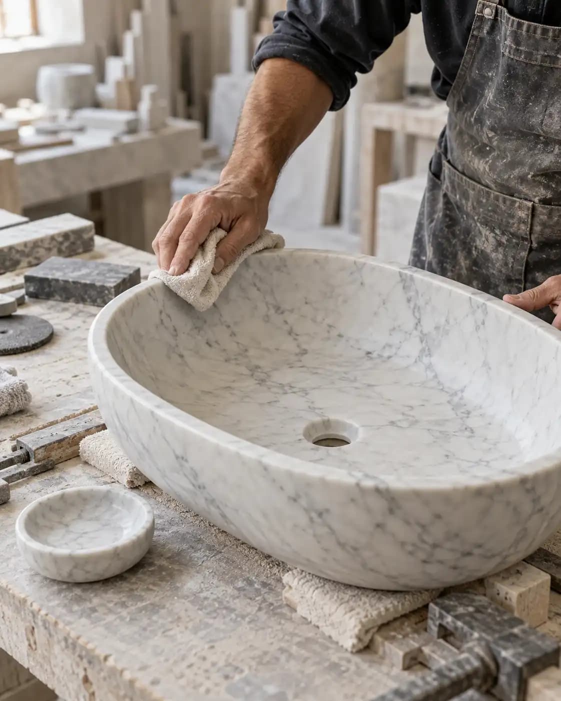 Artisan hand-finishing the rim of a Carrara basin.