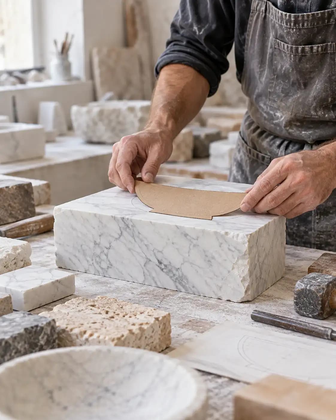 Artisan selecting Carrara marble for a small carved bowl.