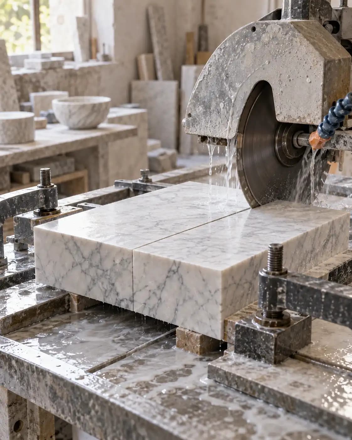 Guarded wet saw cutting a compact marble decorative-object blank.