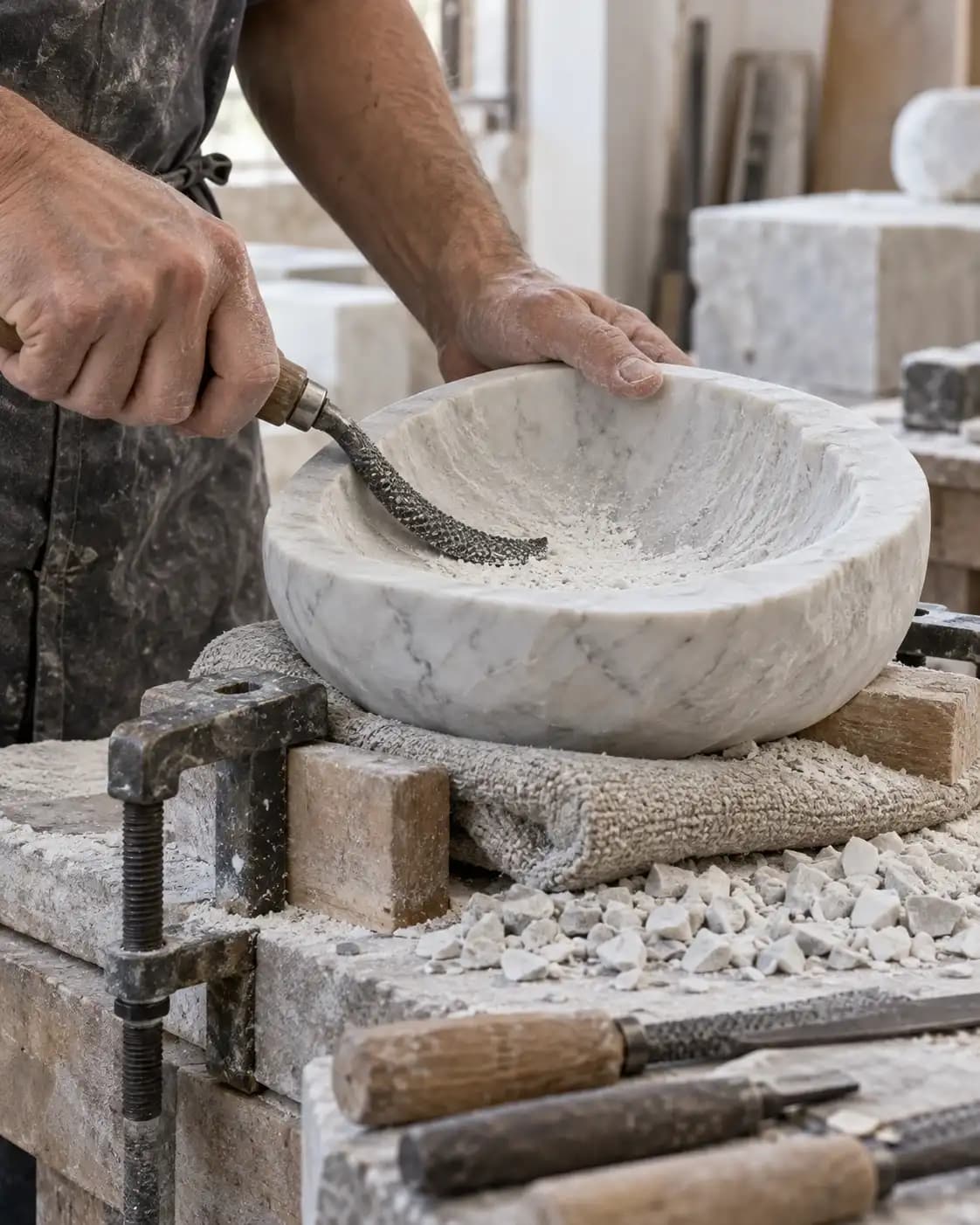 Artisan carving the inside of a small sculptural marble bowl.
