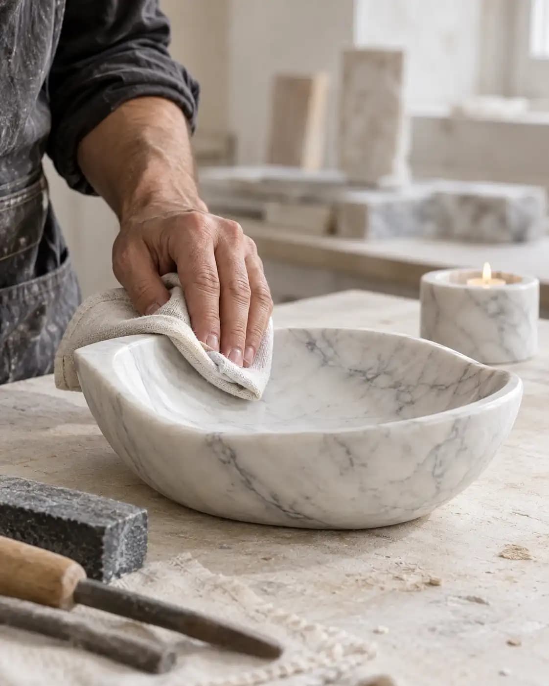 Artisan wiping and inspecting a hand-carved Carrara marble bowl.