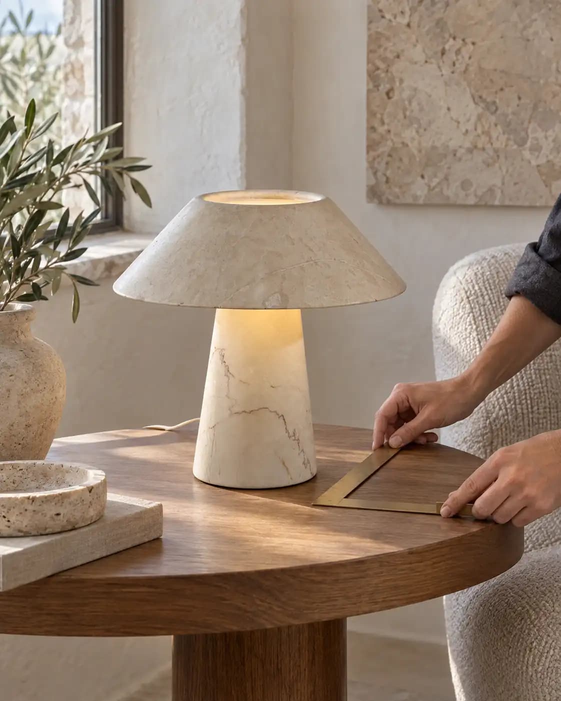 Pure Beige Tokyo marble lamp shown in proportion to a side table.