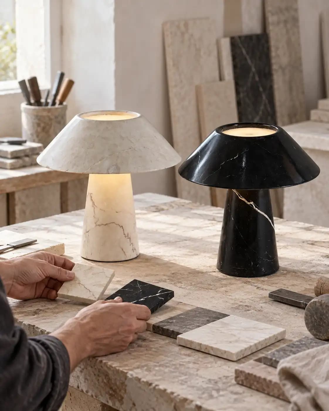 Pure Beige and Nero Marquina Tokyo lamps with matching stone samples.