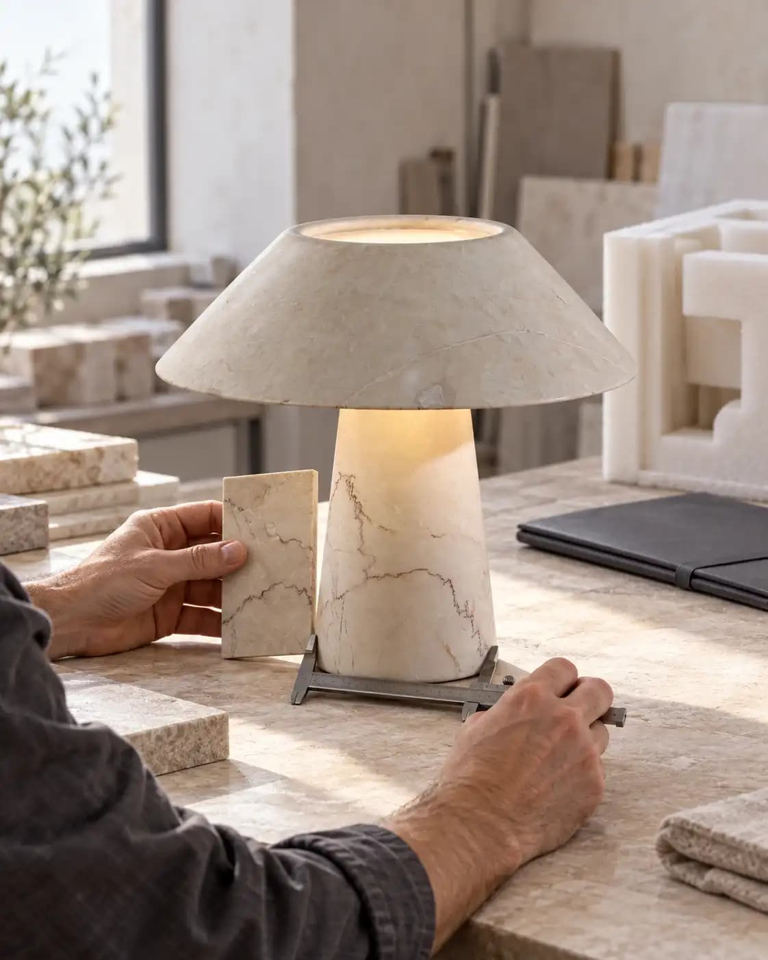 Artisan checking a Pure Beige Tokyo lamp against its material sample and dimensions.