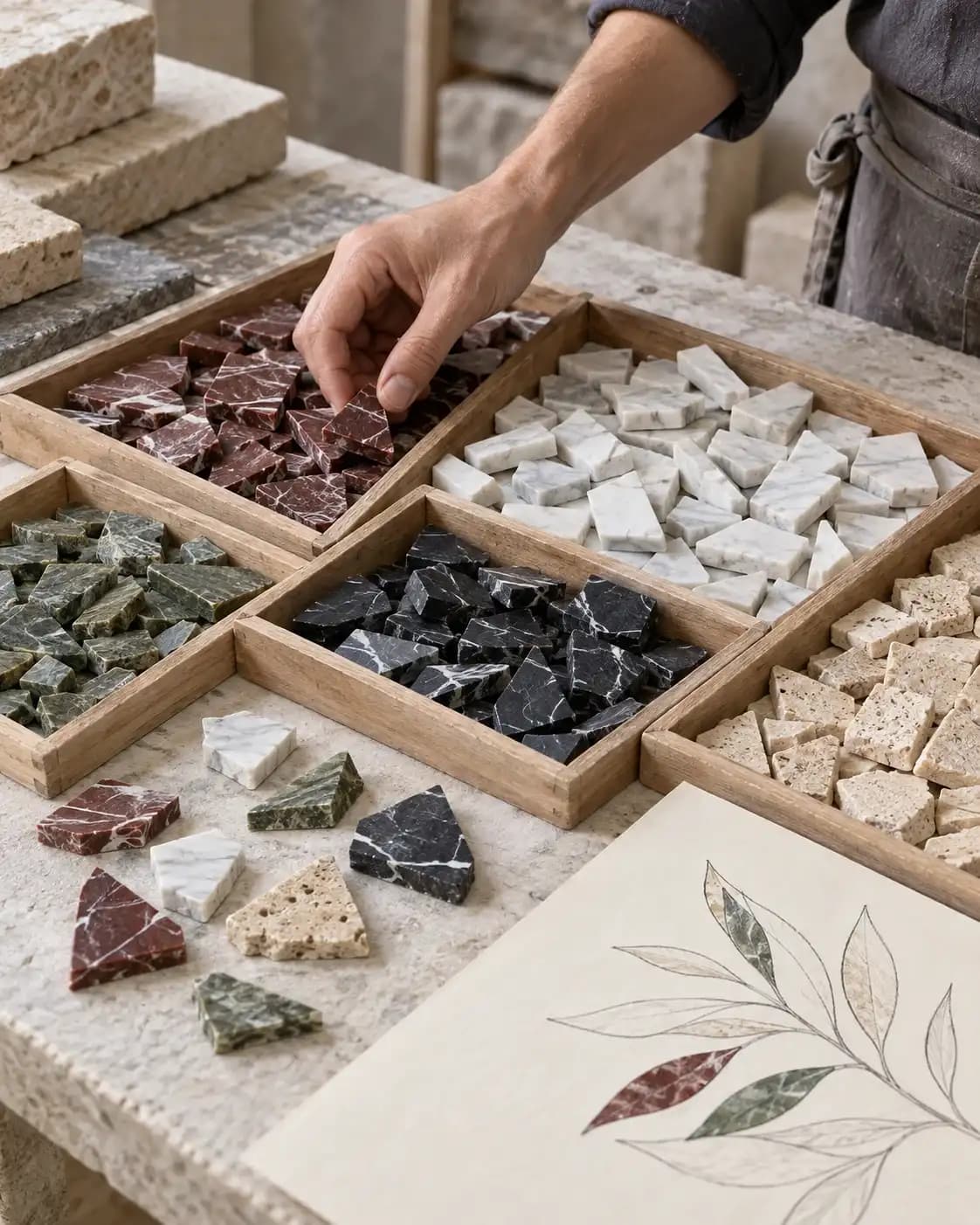 Artisan selecting natural marble colours for a botanical mosaic.