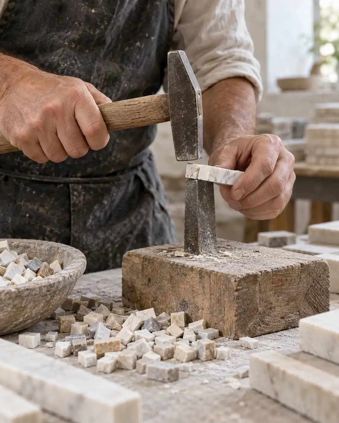 Mosaic artisan cutting marble tesserae with a hammer and hardie.