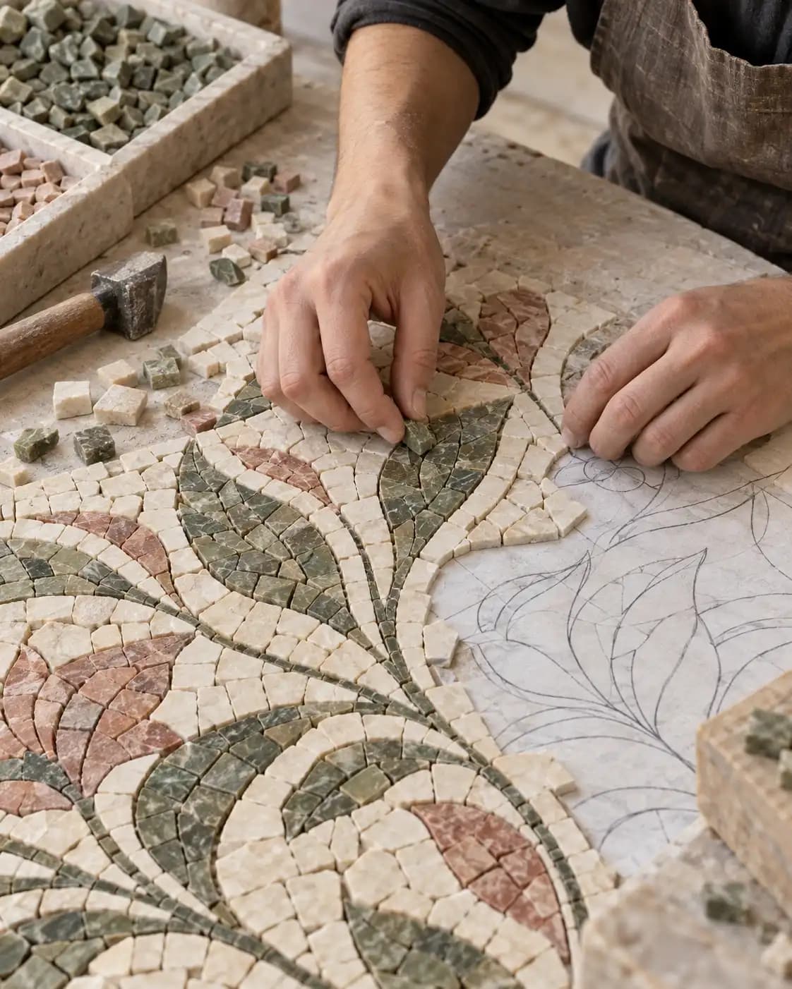 Artisan placing a marble tessera into an unfinished botanical mosaic.