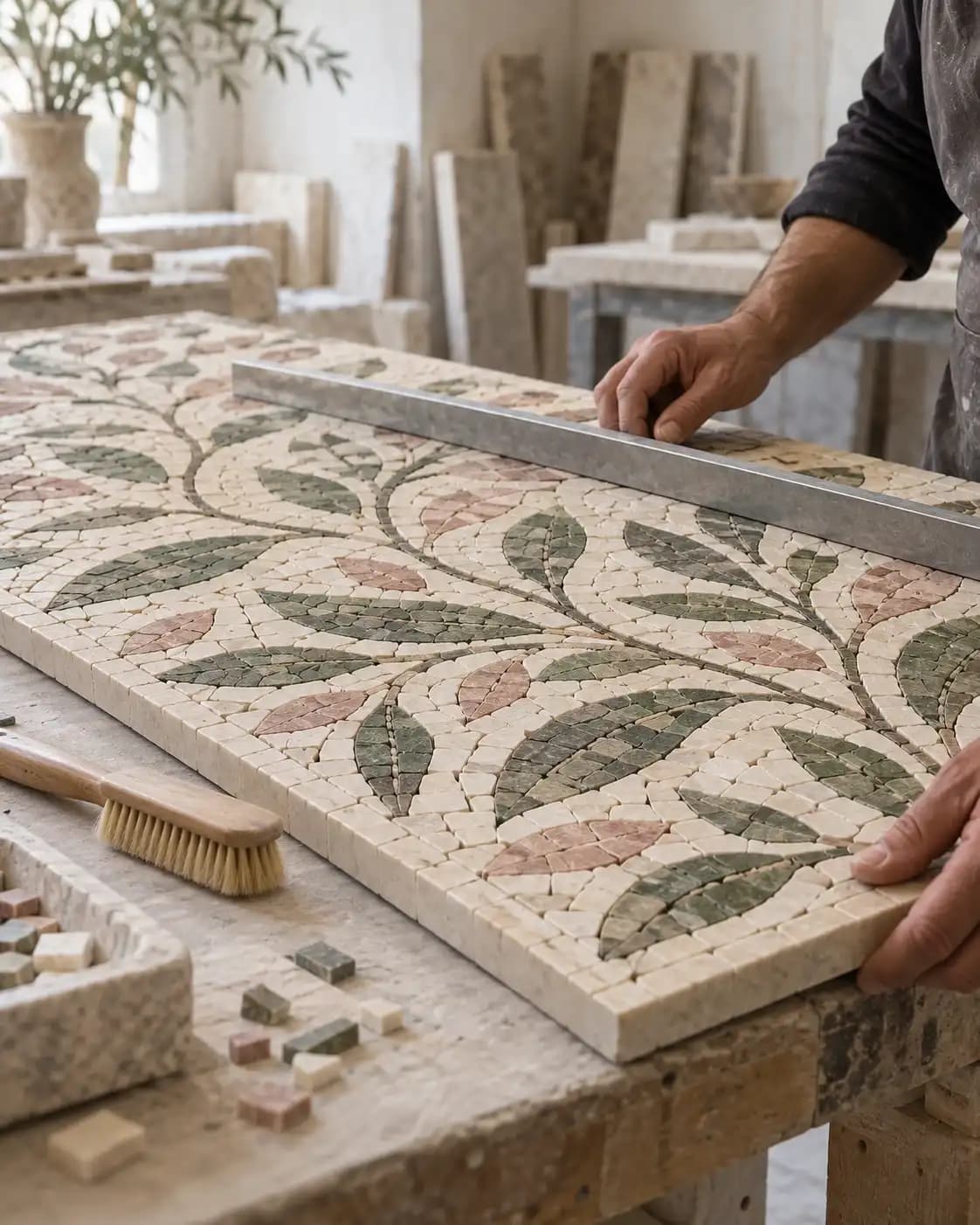 Artisan checking the surface level of a completed marble mosaic panel.
