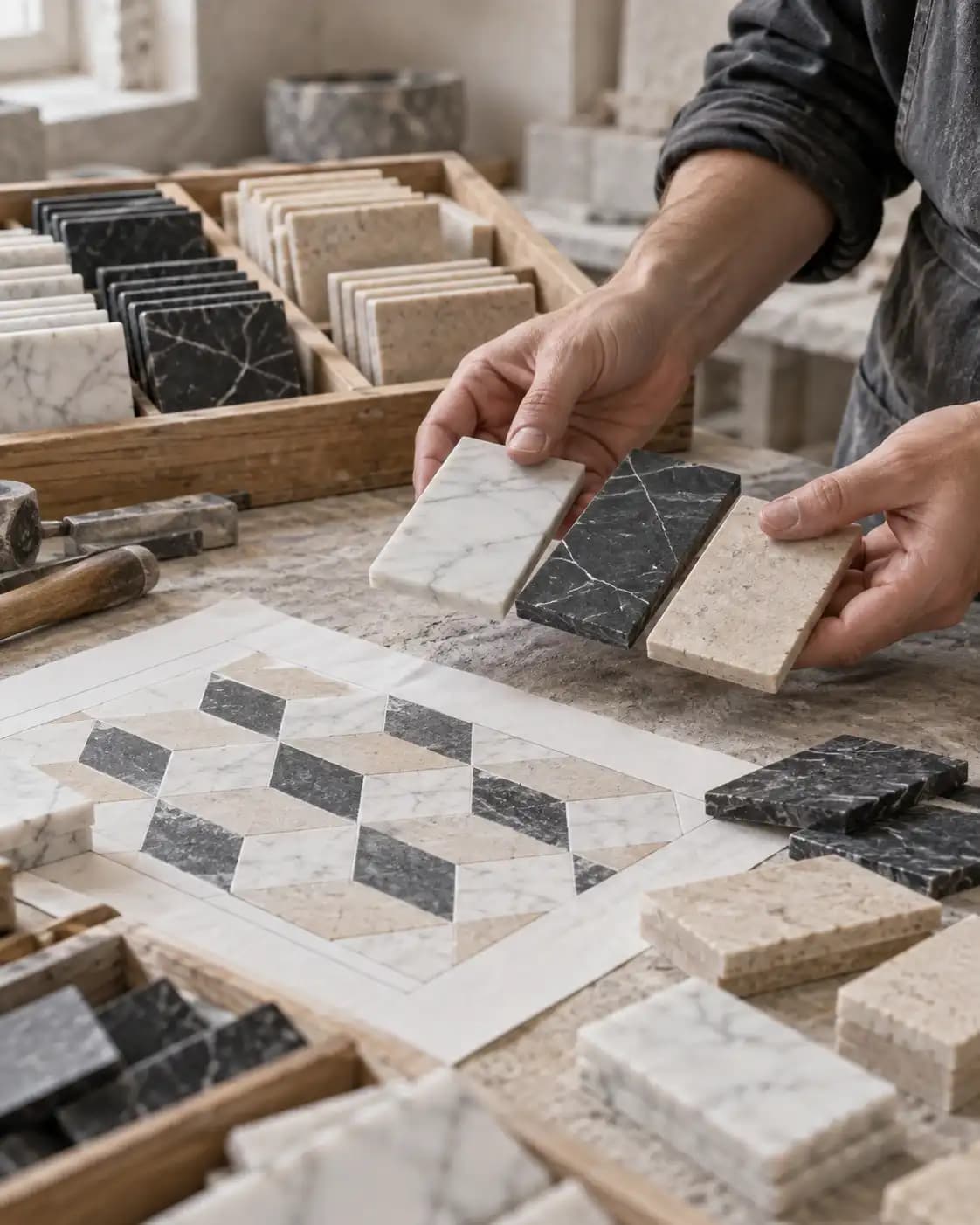 Artisan selecting marble samples for a geometric tile pattern.