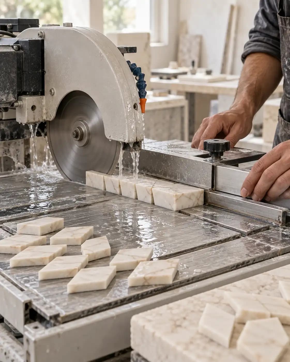 Water-cooled tile saw cutting natural marble pattern components.
