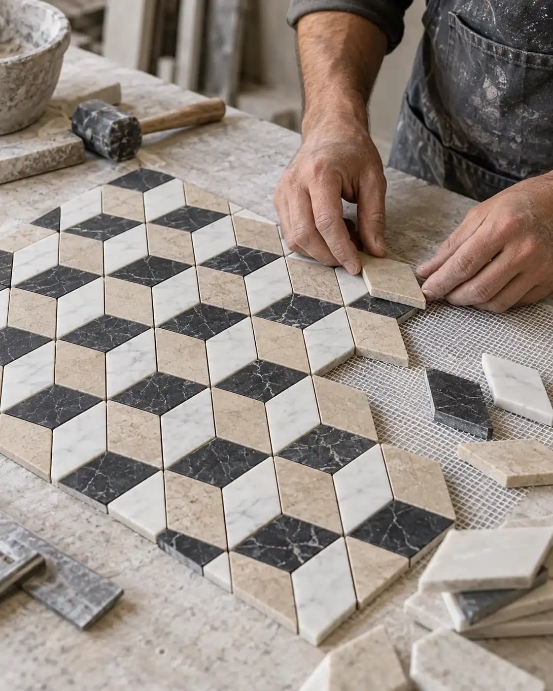 Artisan assembling a mesh-backed geometric marble tile module.