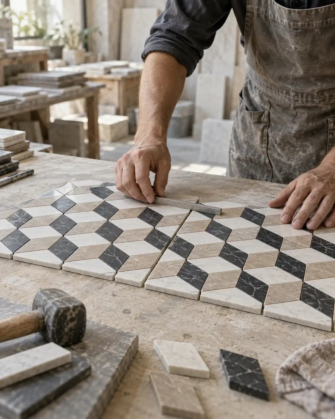 Artisan checking alignment between two geometric marble tile modules.
