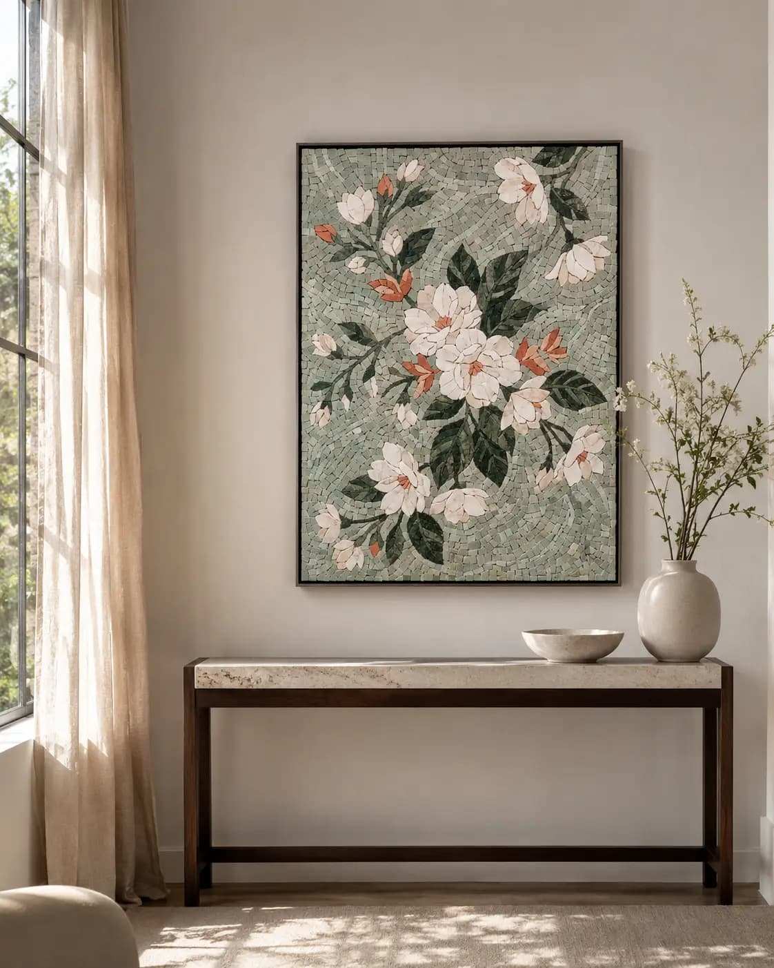 Framed floral marble mosaic artwork in a refined interior