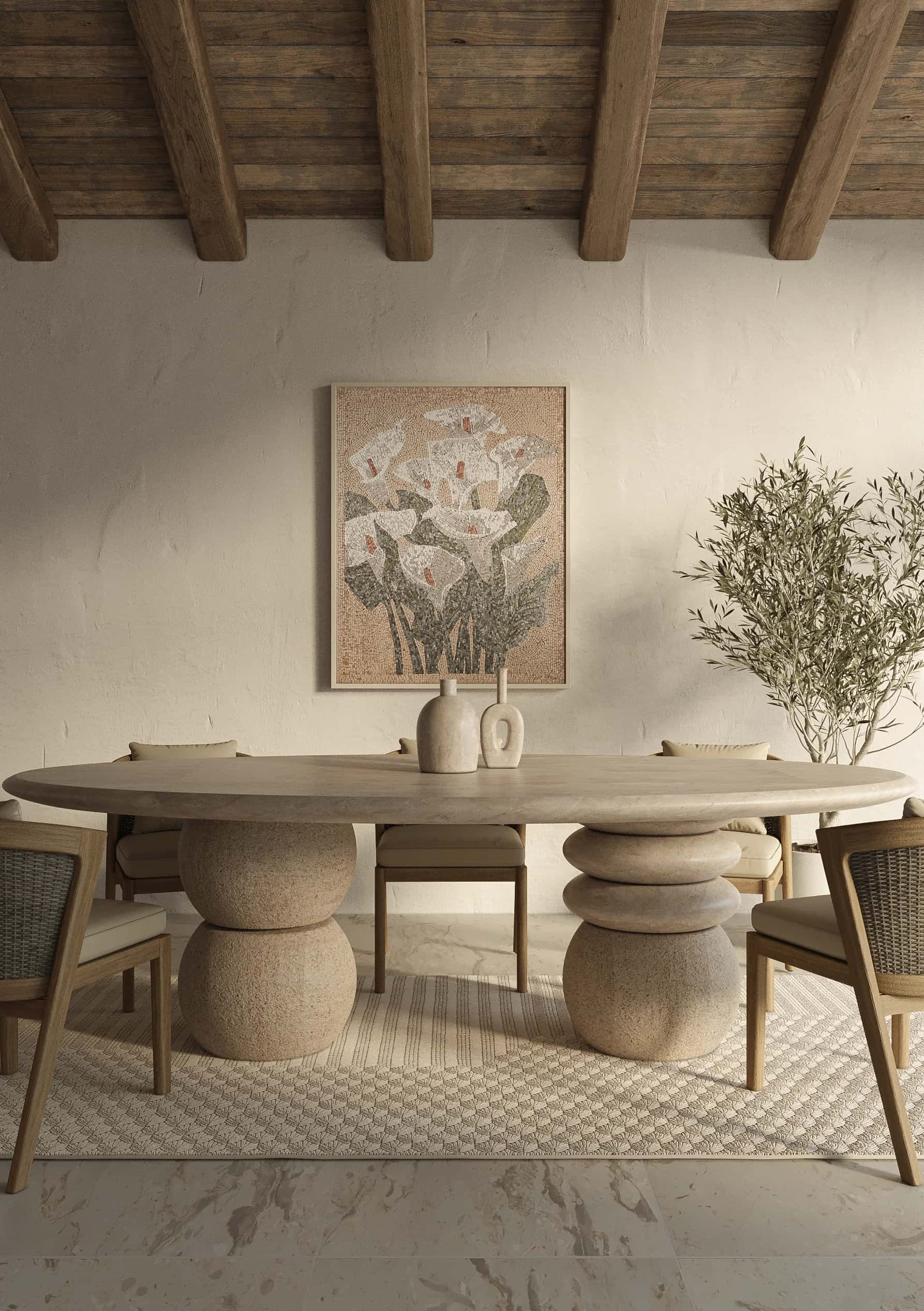 Sculptural marble dining table in a refined interior