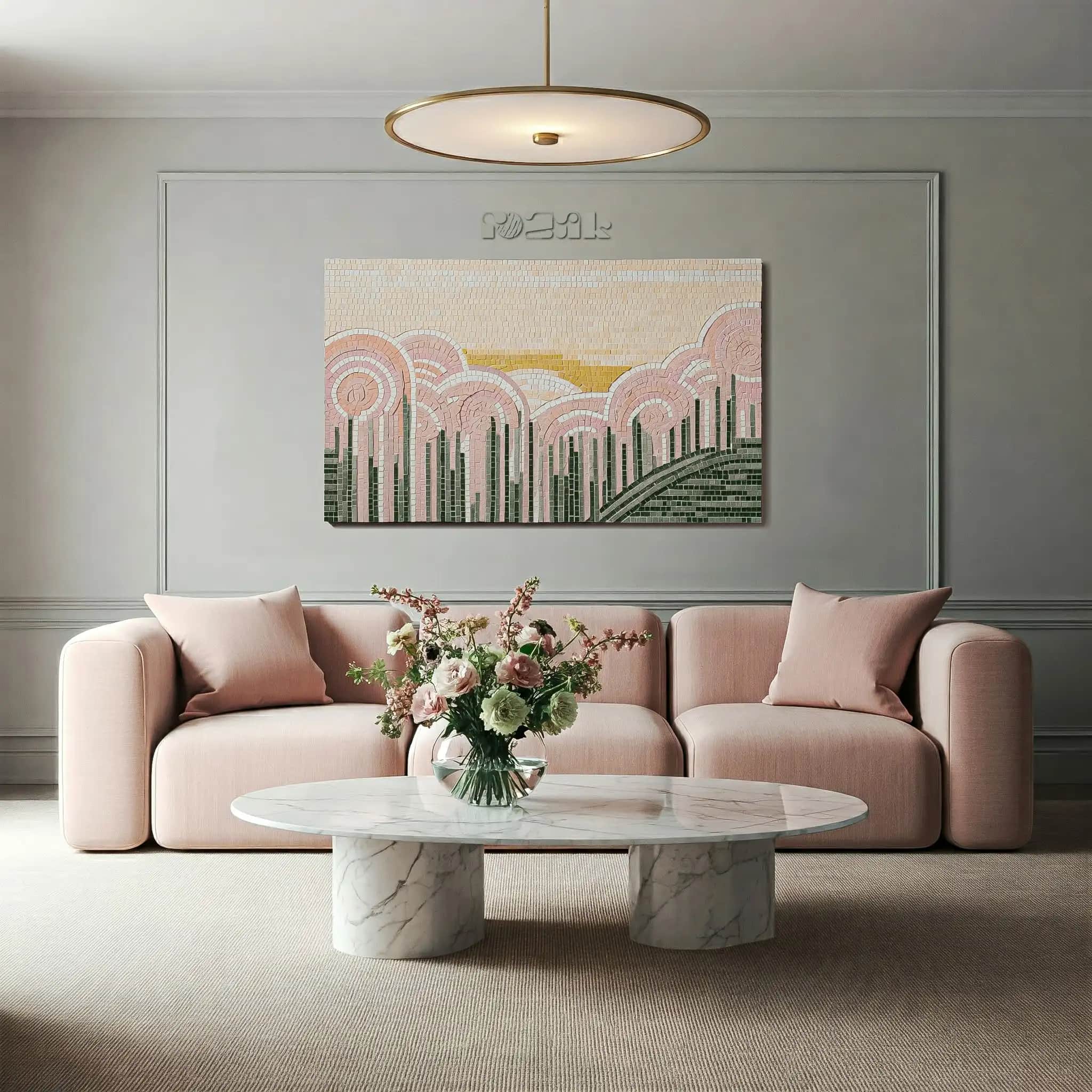 A soft pastel marble mosaic of stylised hills and arcs in blush, gold and green