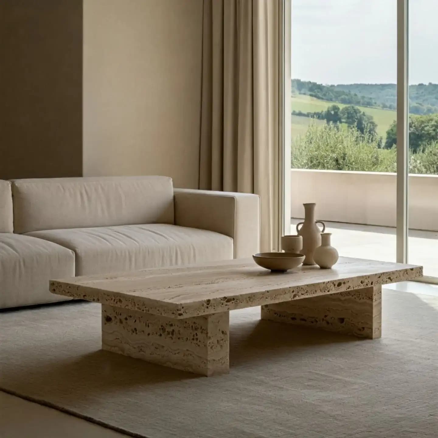 A minimalist low coffee table built from solid travertine slabs