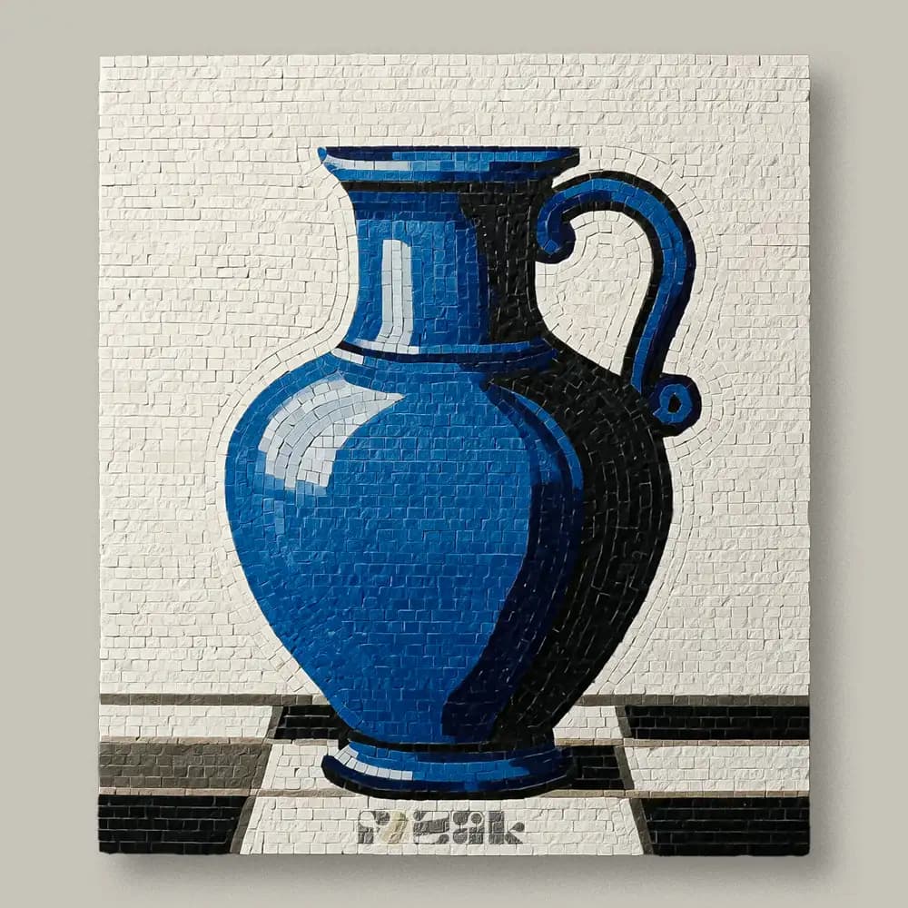 A still-life mosaic of a cobalt blue jug on a black-and-white checkered ground