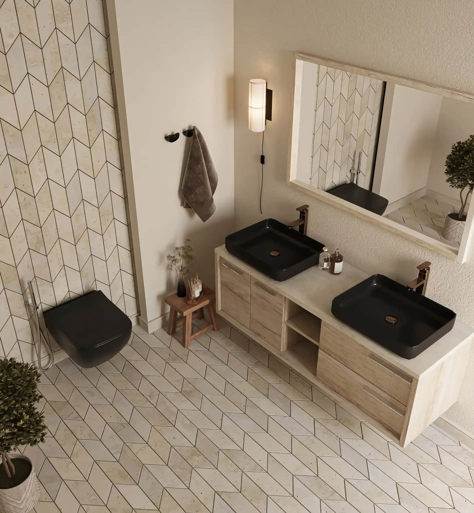 Marble tiles laid in a sleek chevron pattern for bathroom walls