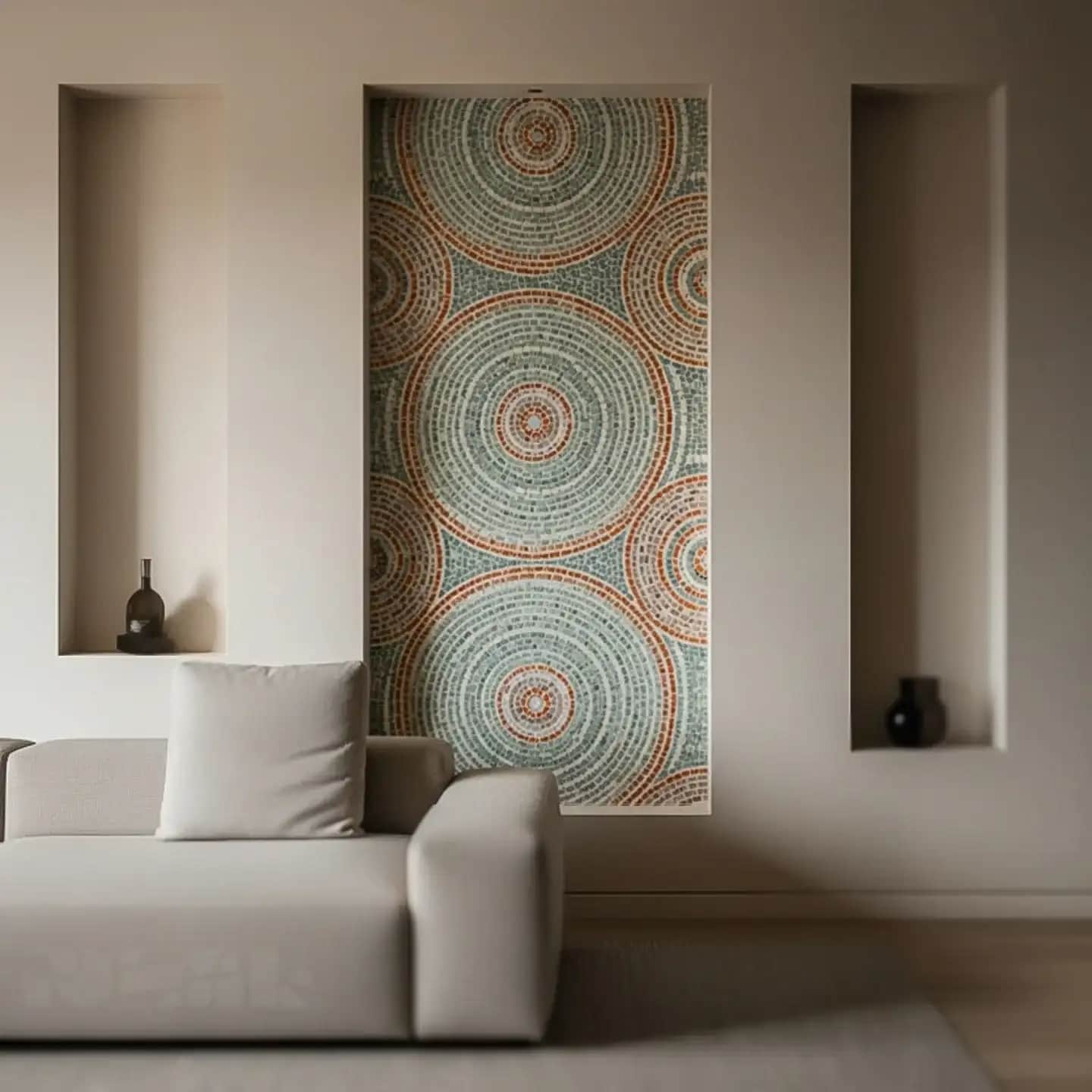 A tall marble mosaic panel of overlapping concentric circles in soft sage, coral and sand