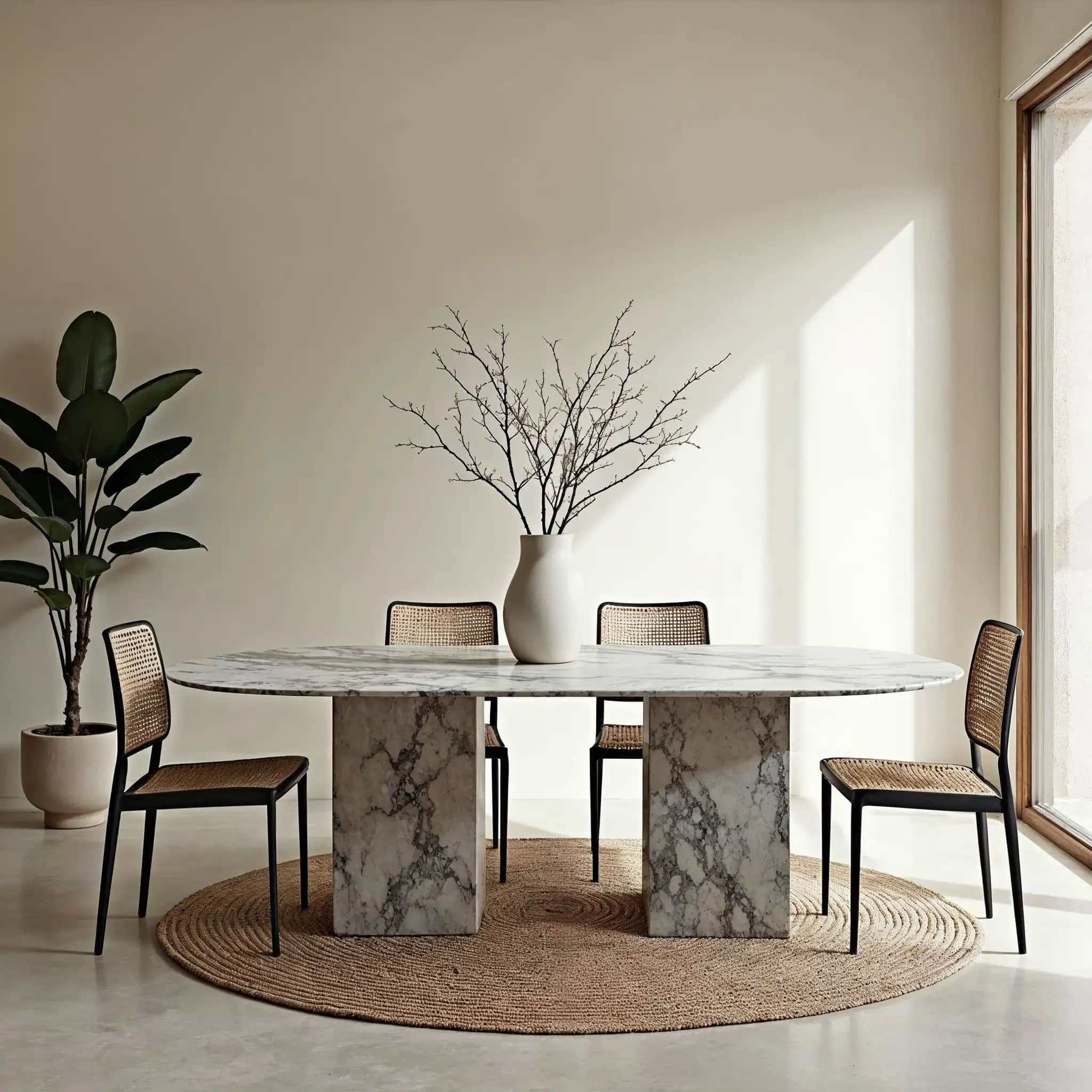 A sleek oval marble dining table on two solid block bases