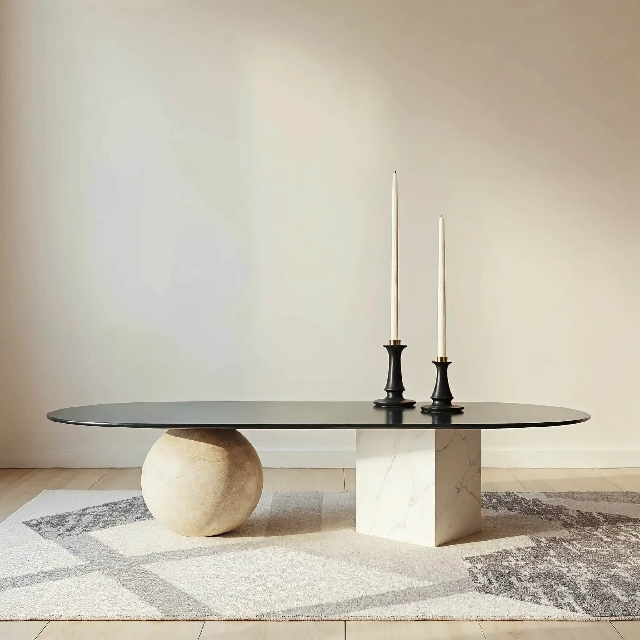 A coffee table whose dark top rests on a marble sphere and a marble cube