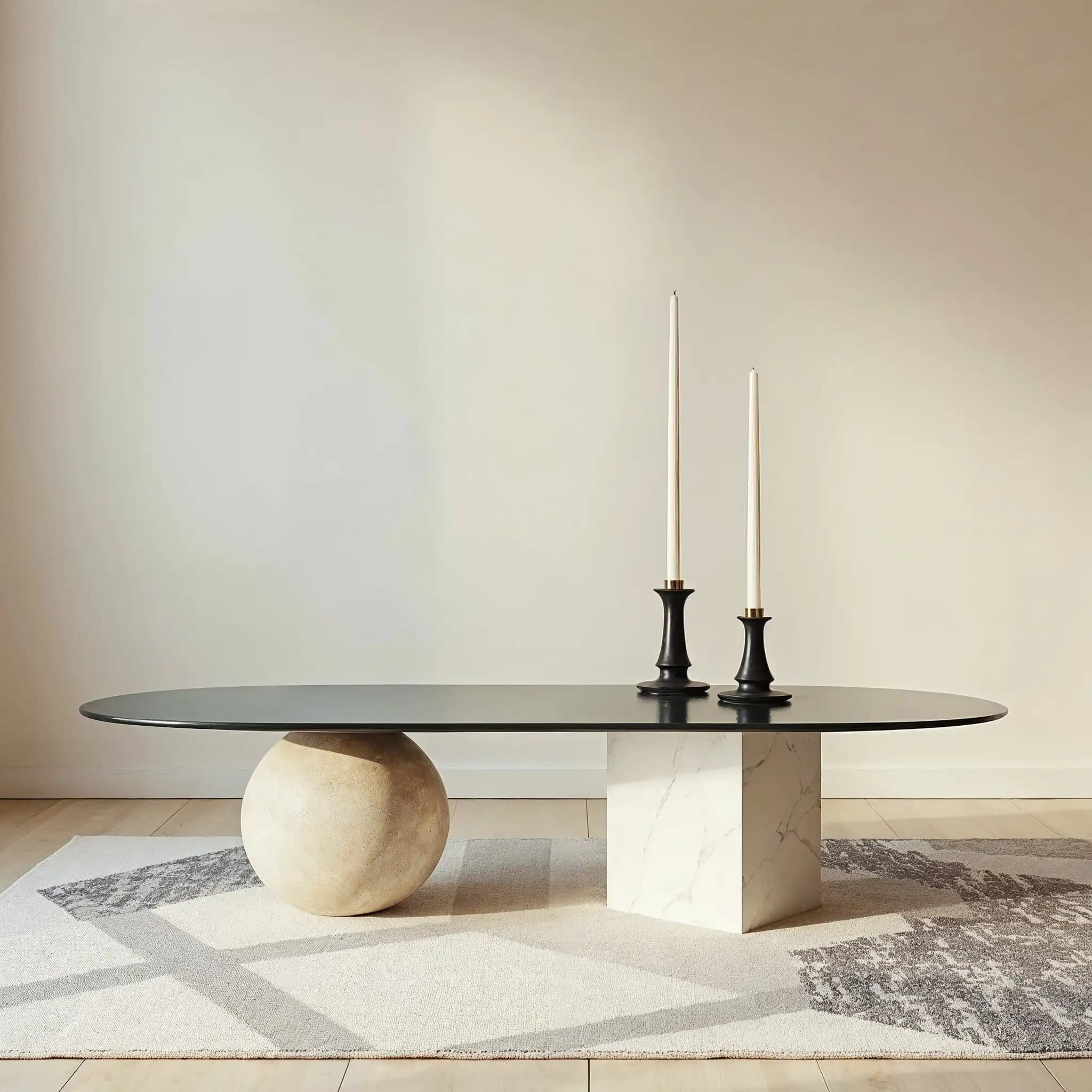 A coffee table whose dark top rests on a marble sphere and a marble cube