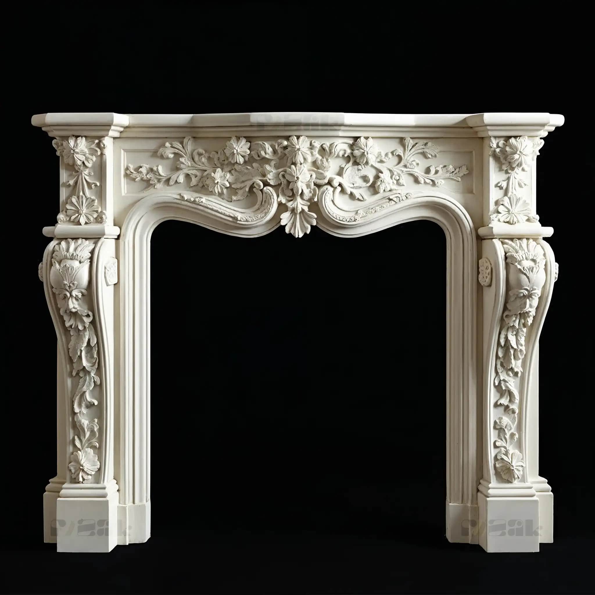 A French-style white marble mantel with hand-carved floral details