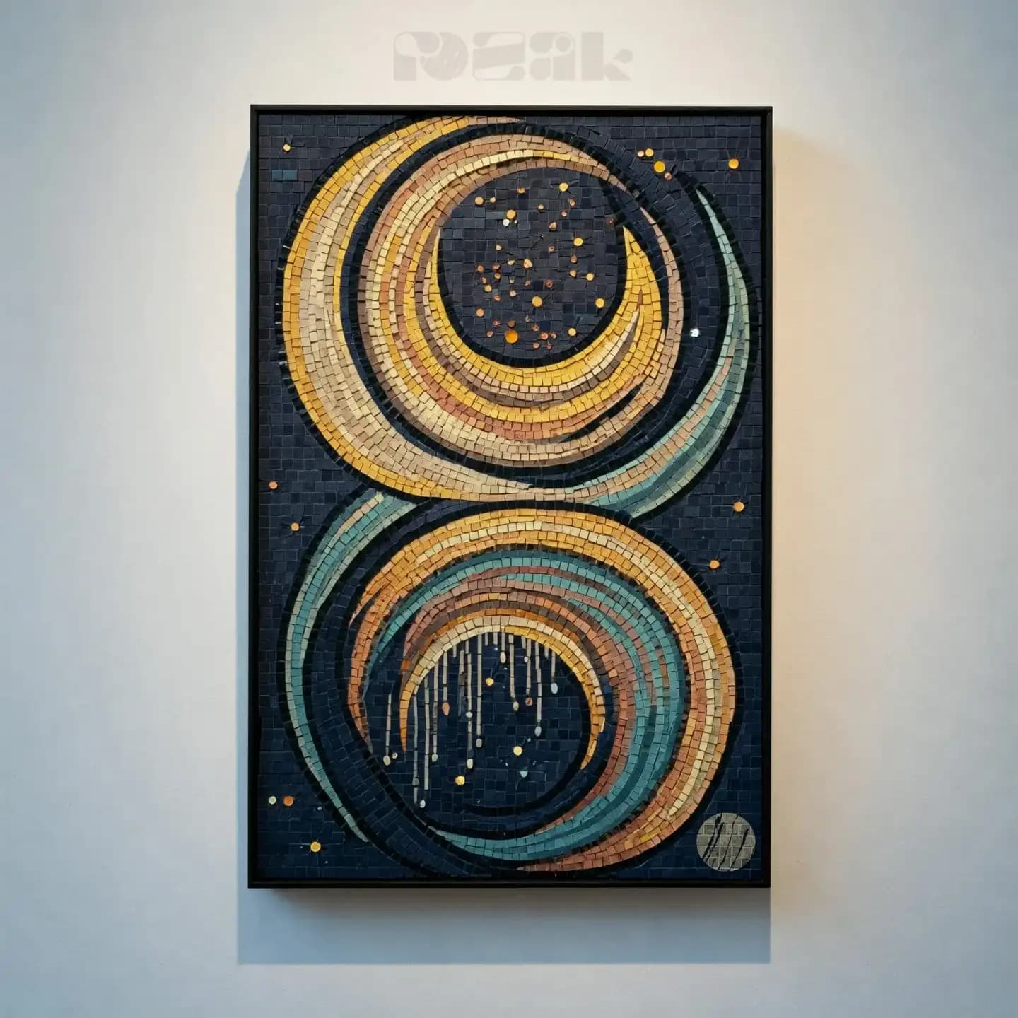 A dark marble mosaic of two golden crescent moons in a starry navy sky