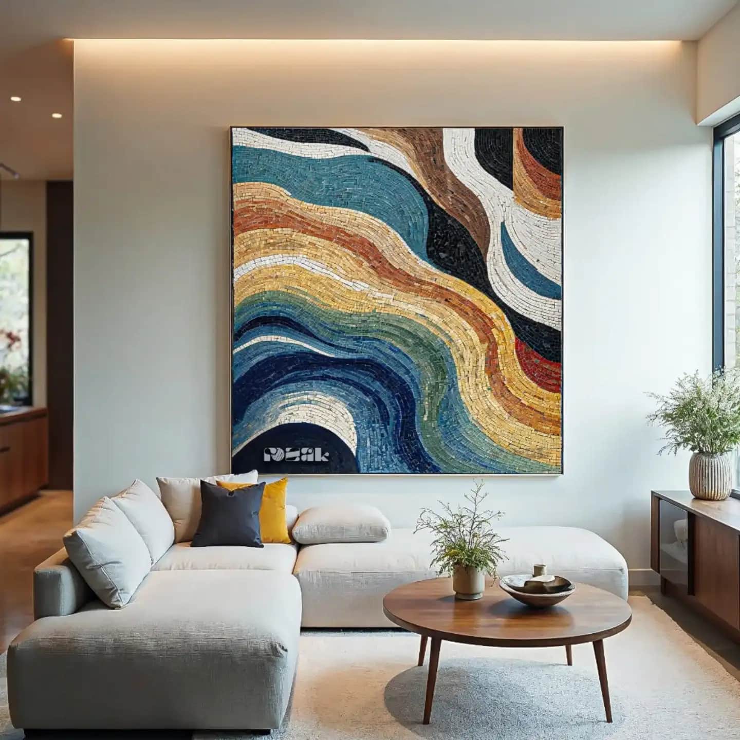 A large abstract marble mosaic of flowing waves in navy, ochre, terracotta and ivory