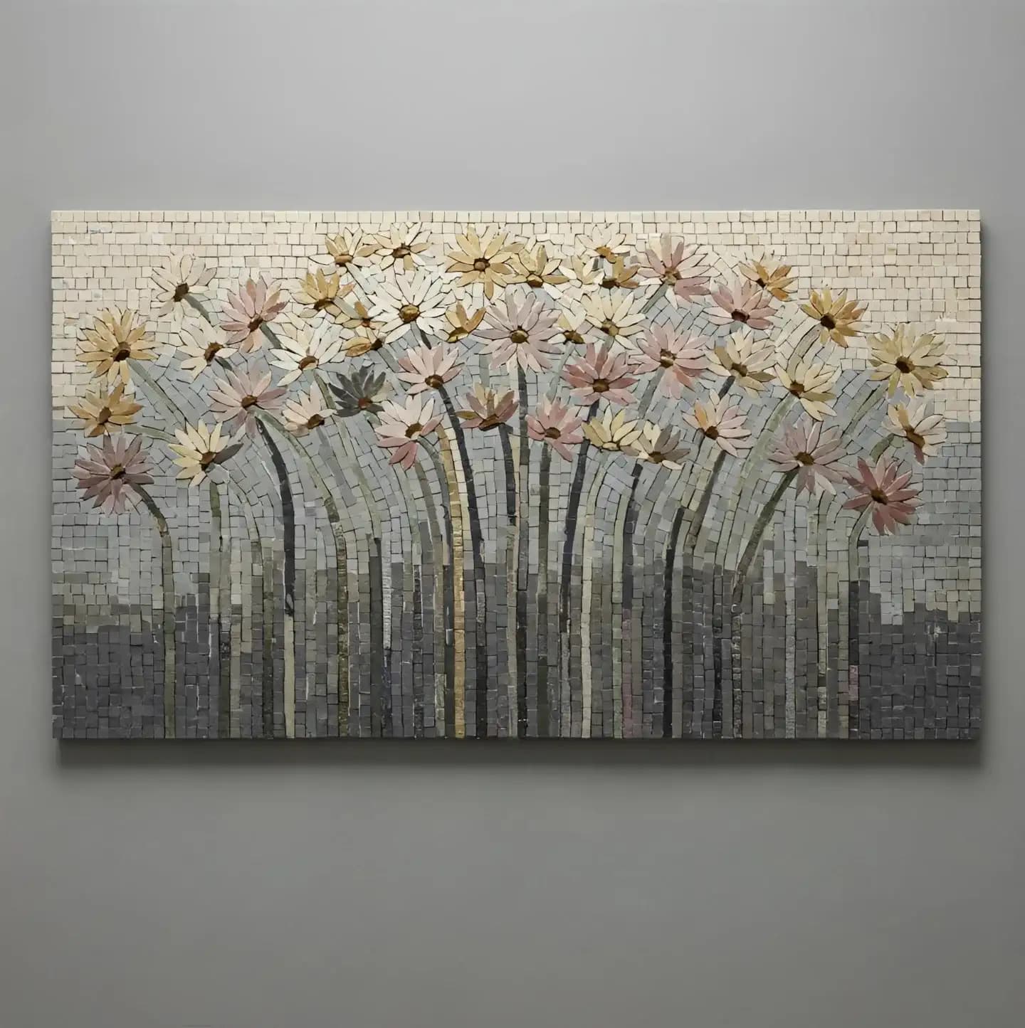 A wide marble mosaic of a daisy field rising above a textured grey base