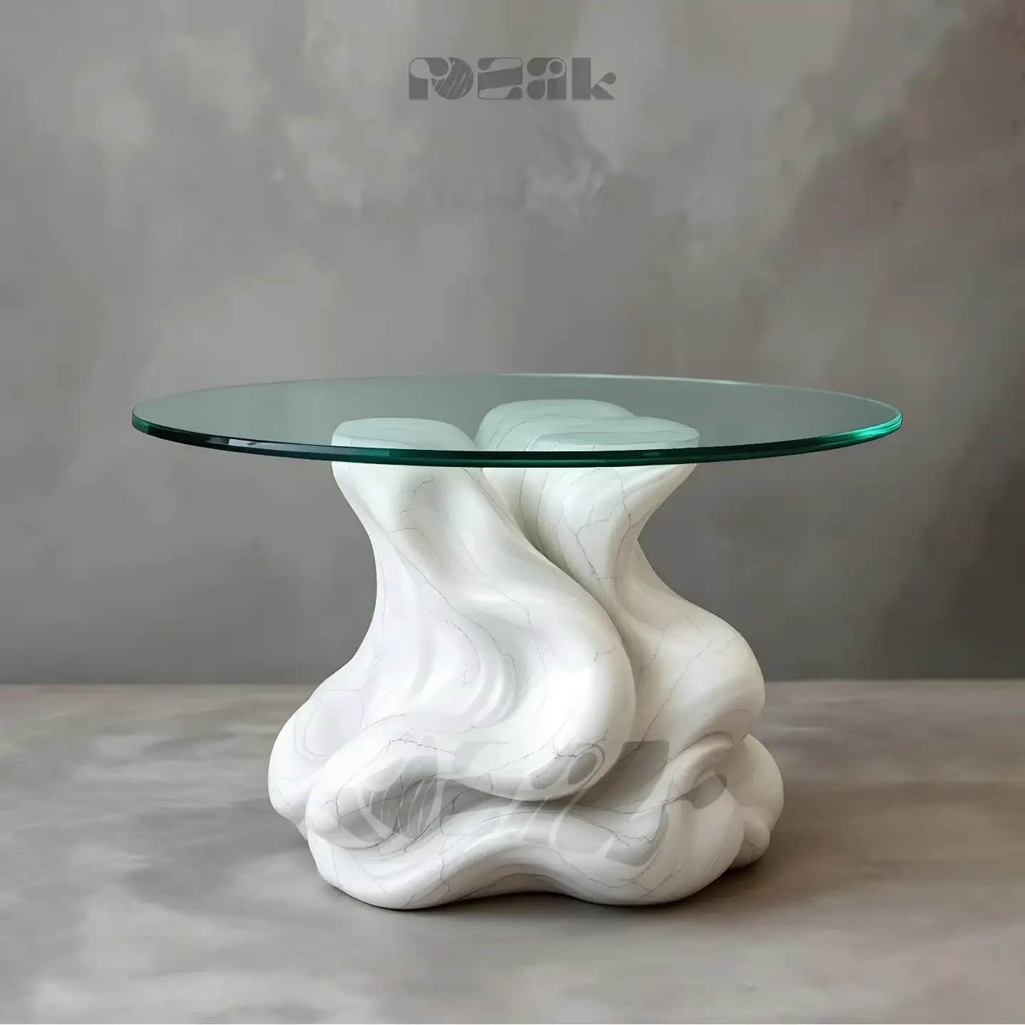 A round glass dining table on a flowing, cloud-like white marble base