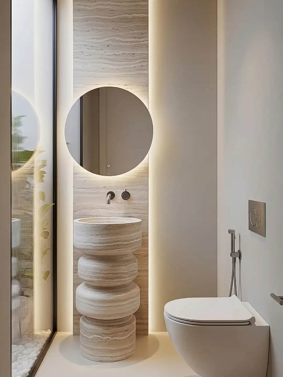 A freestanding pedestal basin sculpted from a single block of travertine in layered curves