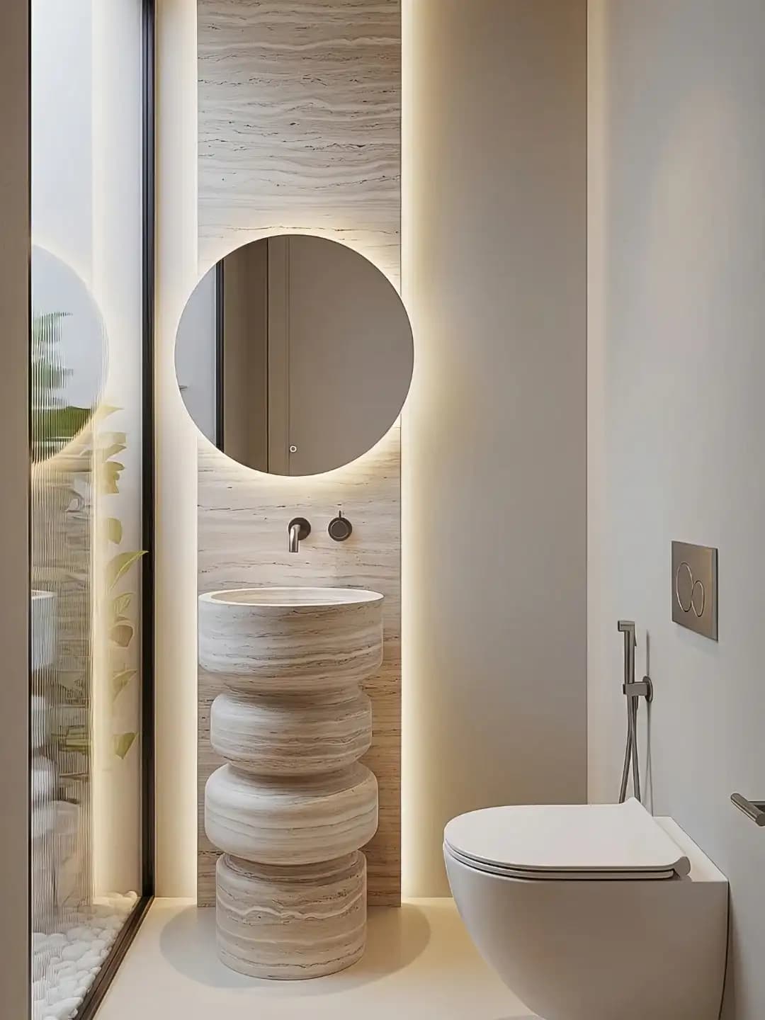 Strata travertine pedestal basin sculpted in layered curves beneath a backlit round mirror