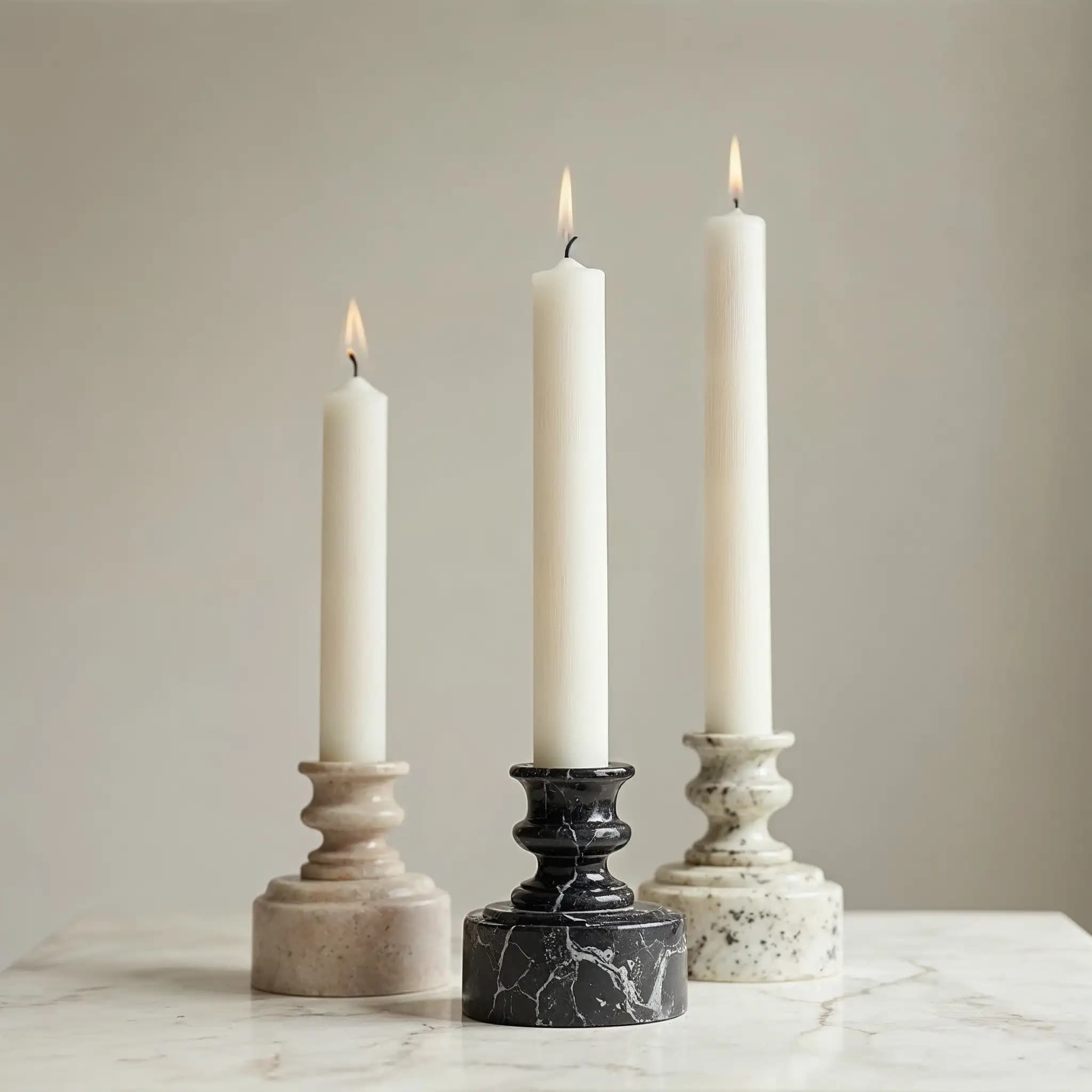A set of turned marble candle holders in beige, black and white