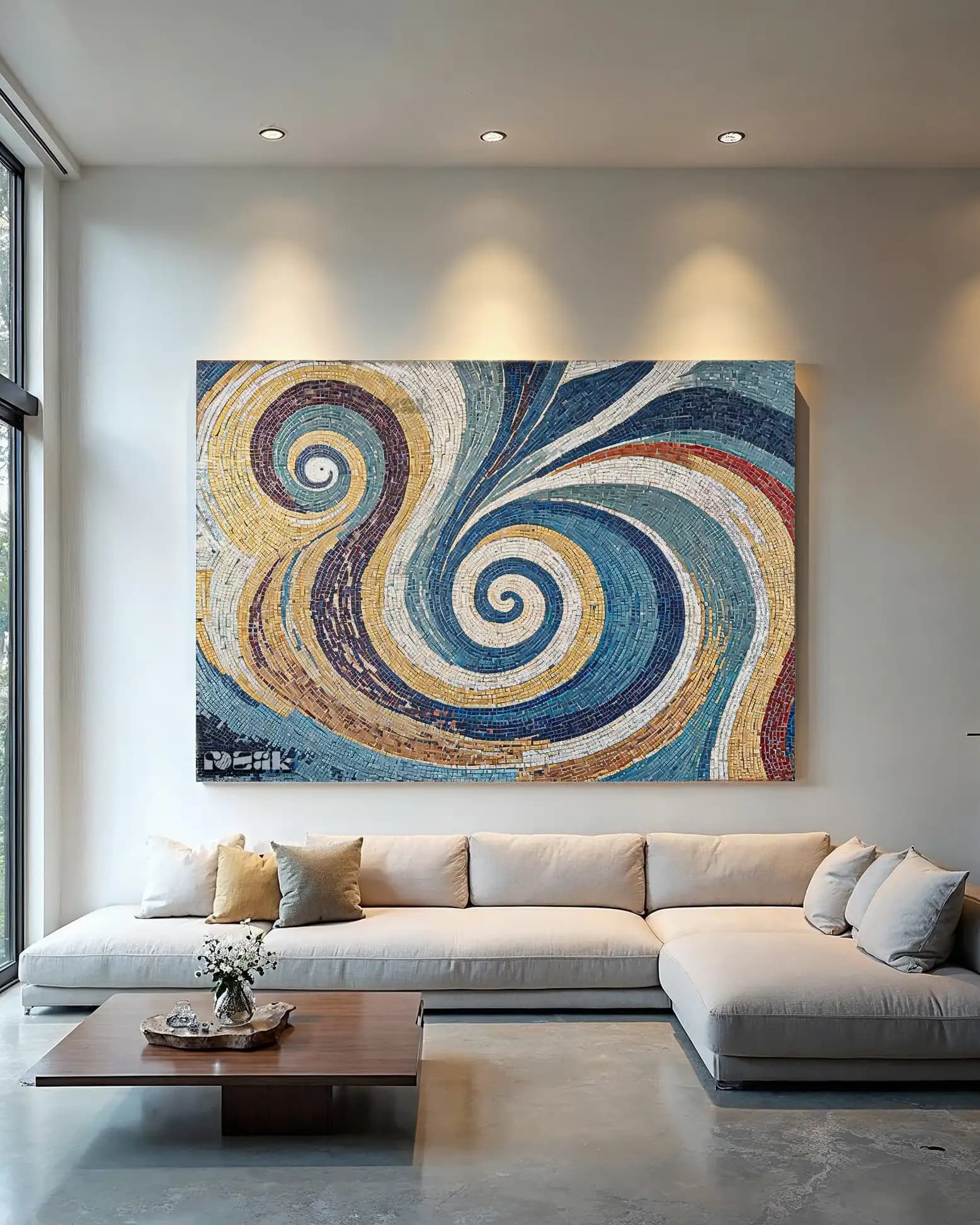A large swirling mosaic in bold blues, warm yellows and terracotta