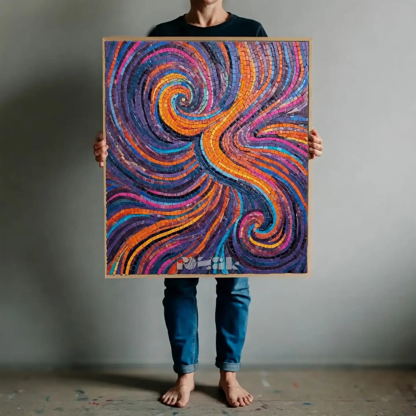 A vibrant swirling mosaic in violet, orange, blue and gold