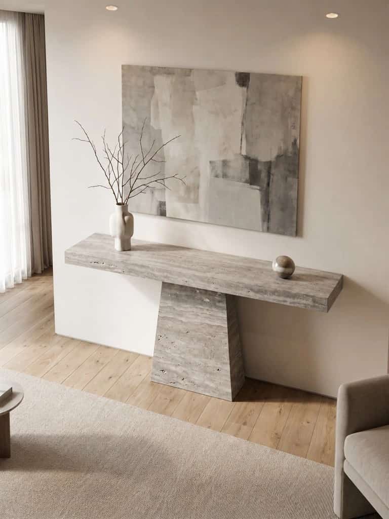 Axis Silver Travertine console with an offset architectural support