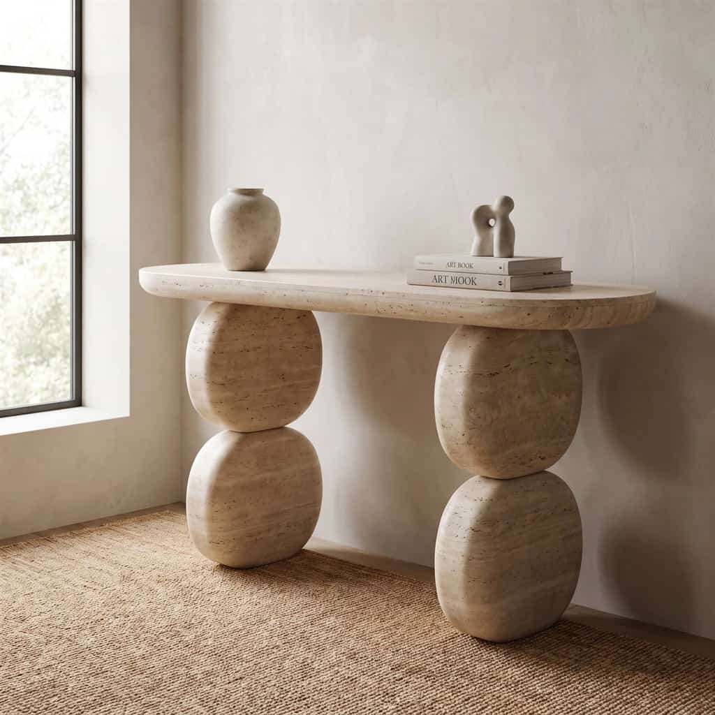 Gemina travertine console with paired rounded supports and elongated top