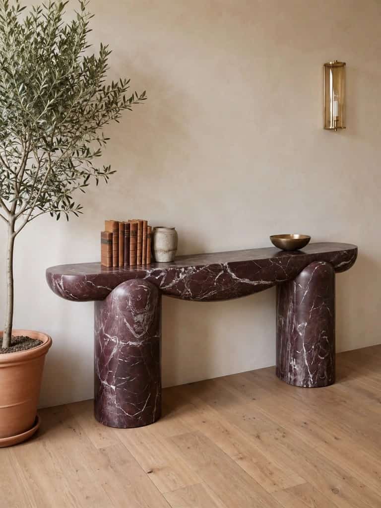 Levora Rosso Levanto marble console with a sweeping central arch
