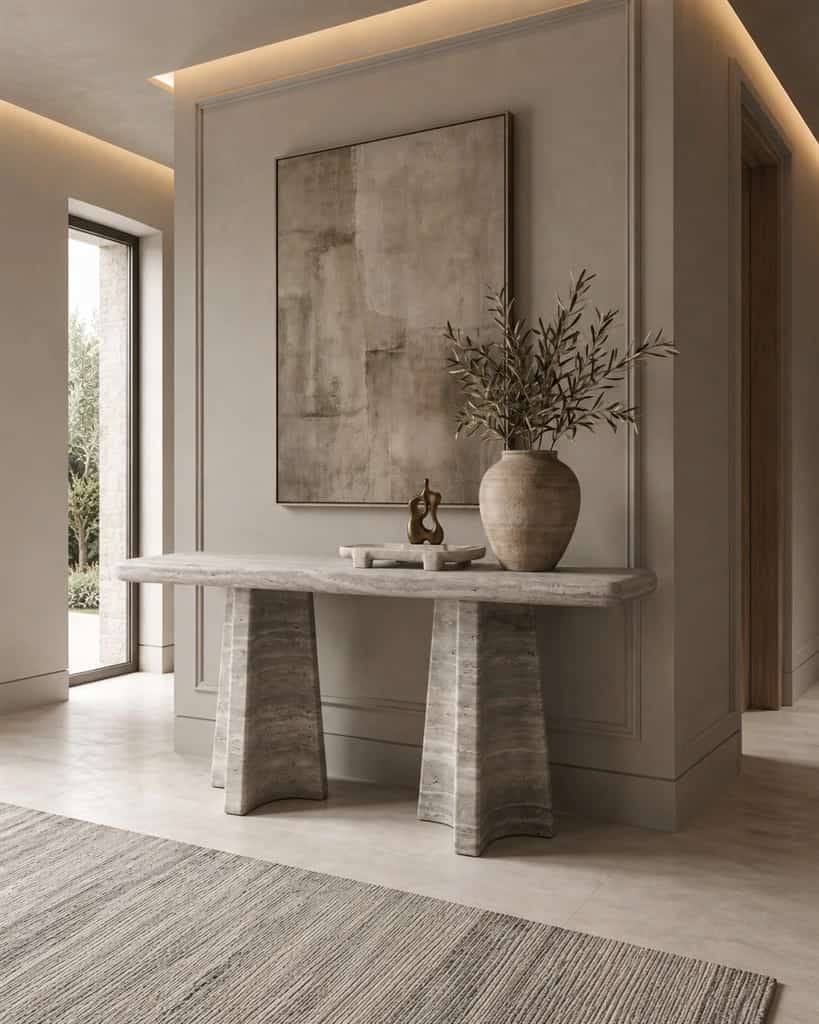Stele Silver Travertine console with sculpted tapered supports