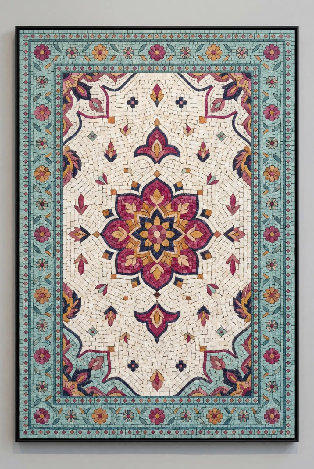 Qamaria marble mosaic panel with a jewel-toned floral medallion, ivory background, and turquoise floral border