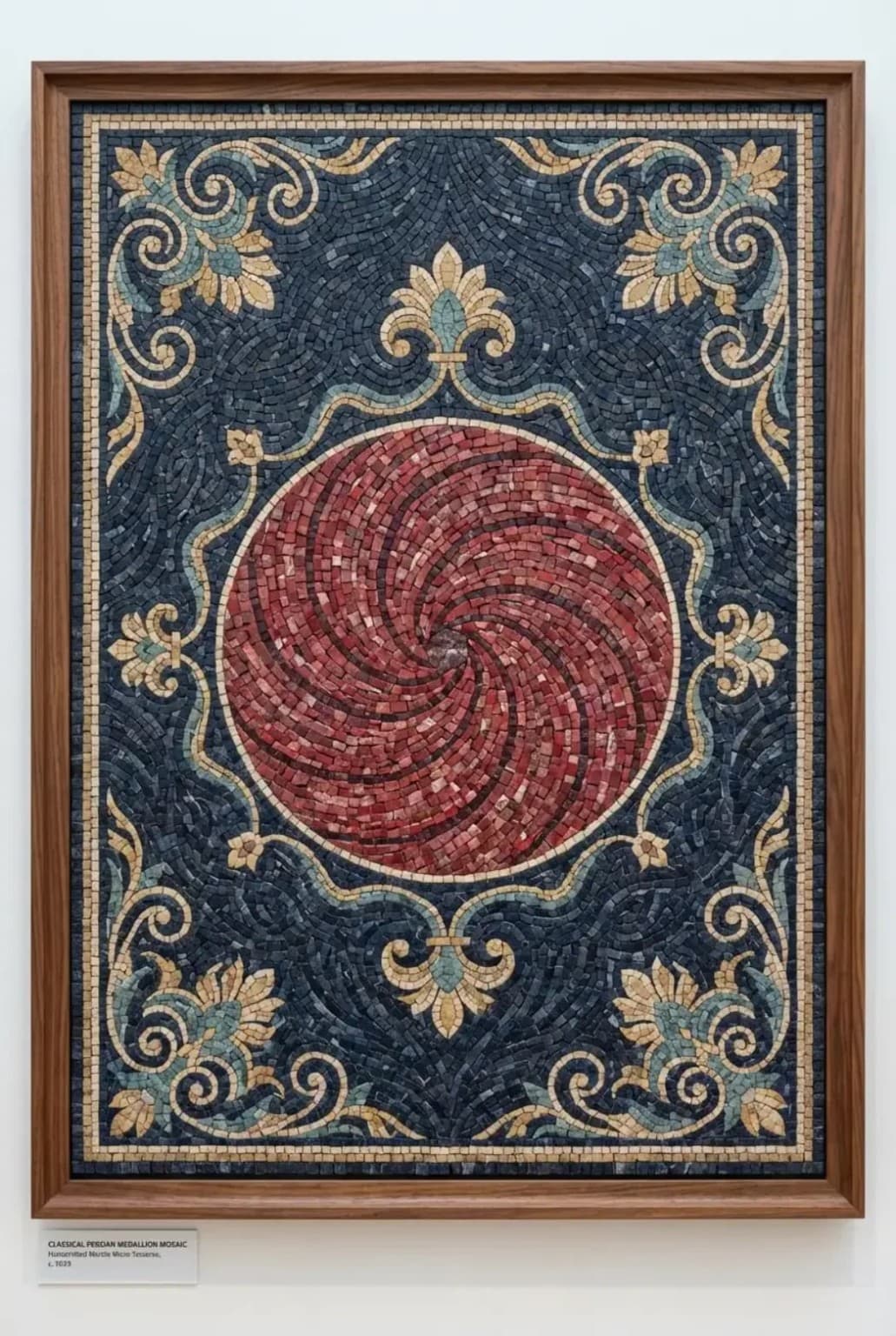 Regalis crimson spiral medallion mosaic with blue and golden ornament