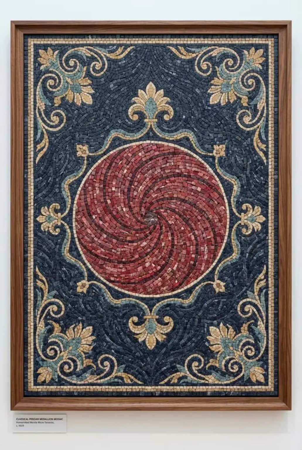 Regalis crimson spiral medallion mosaic with blue and golden ornament