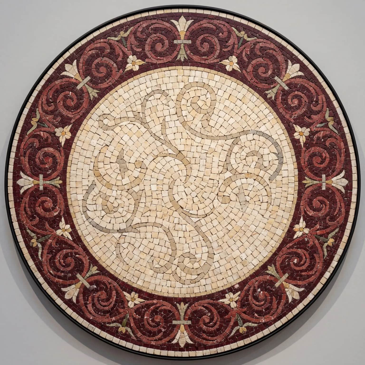 Rosamora burgundy and ivory round floral marble mosaic