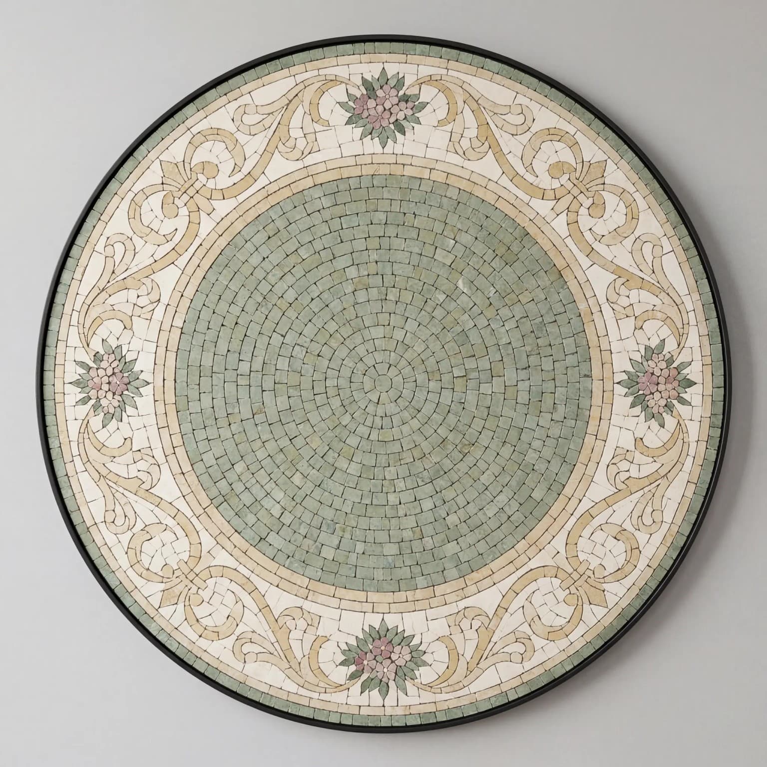 Verdelia sage and ivory round floral marble mosaic wall art