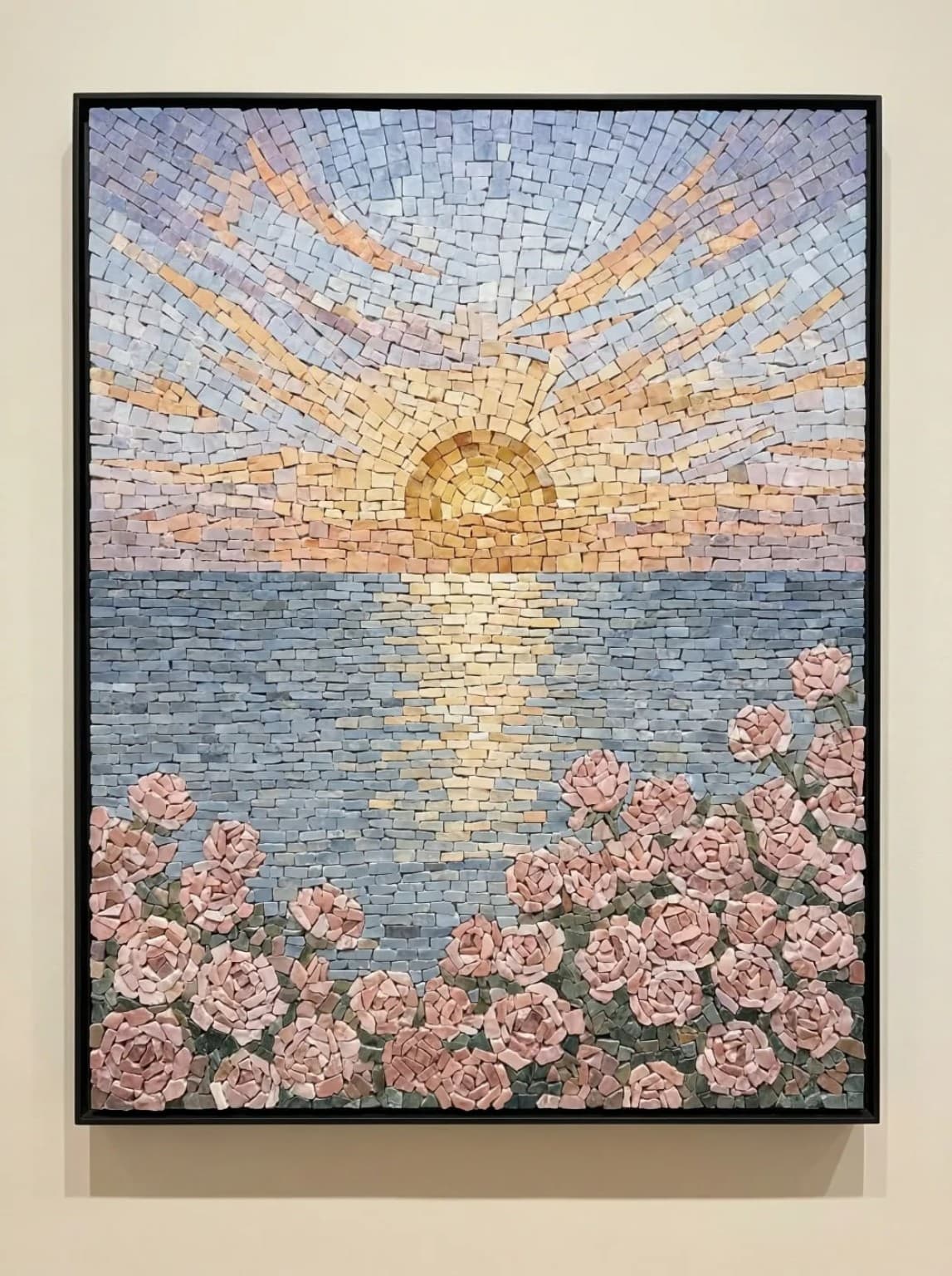 Aurevia golden sunset over water with pink roses mosaic panel
