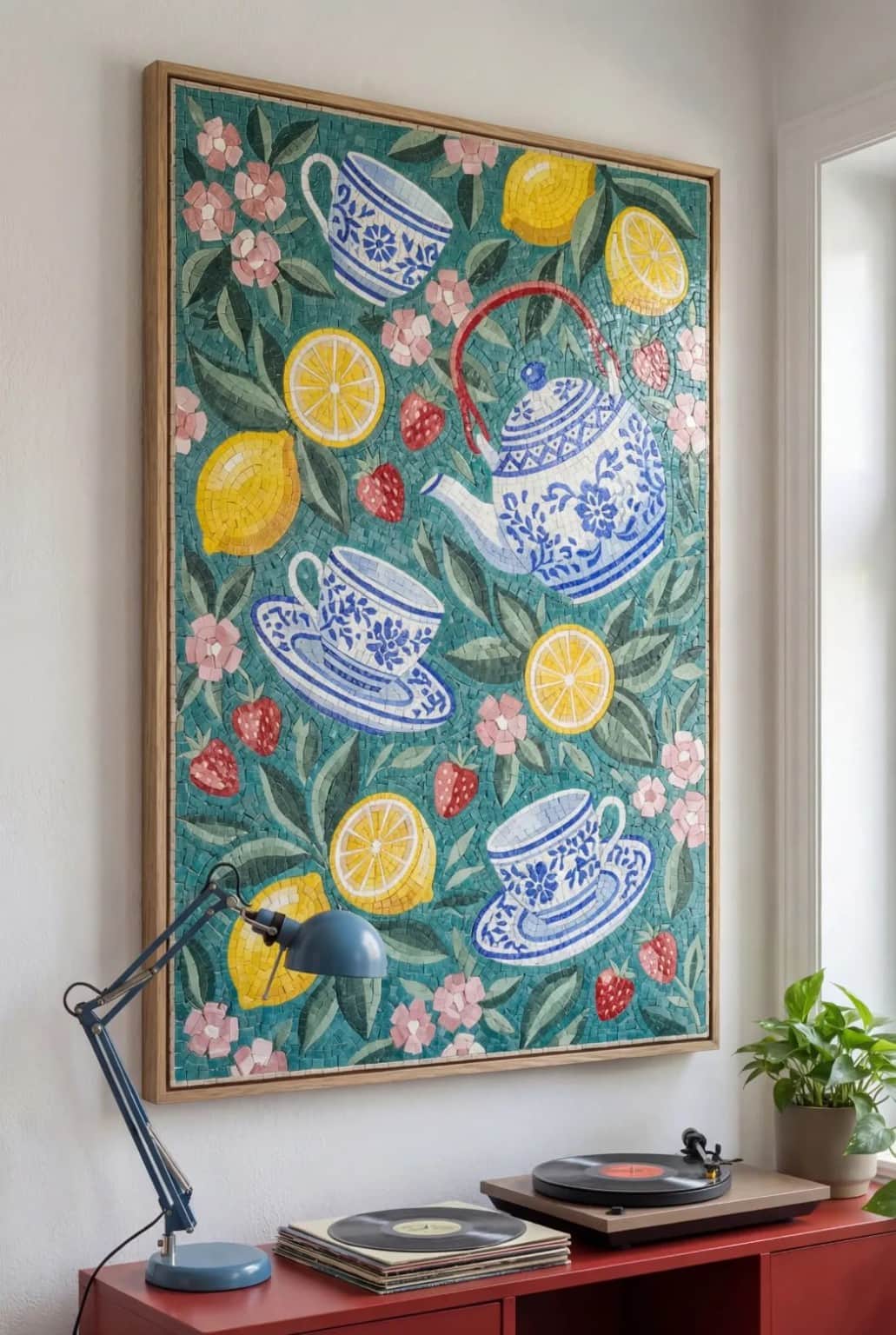 Citrelle blue and white tea set with lemons and strawberries mosaic panel