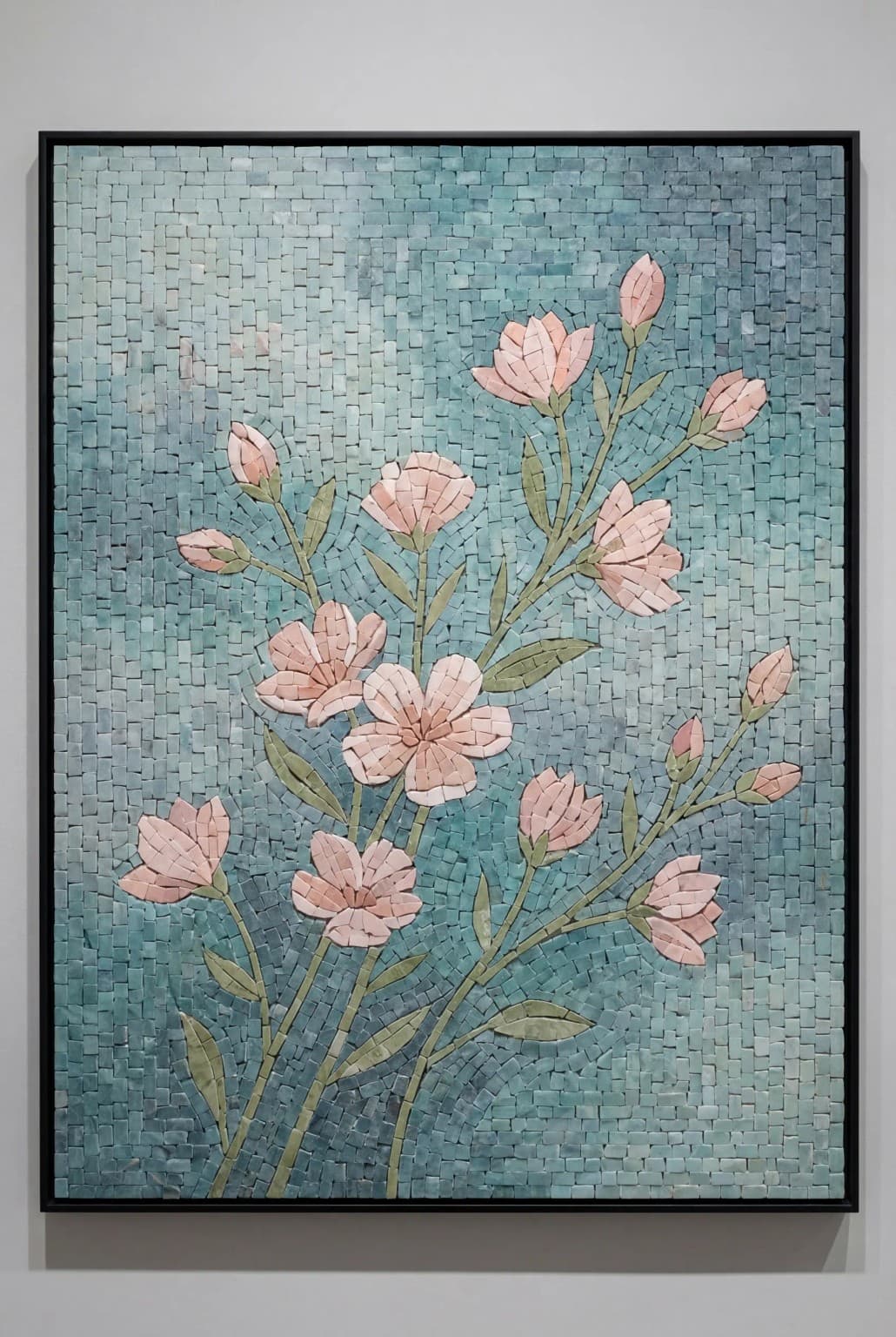 Cyanora floral marble mosaic panel with blush flowers and olive stems on a blue-green tessellated background
