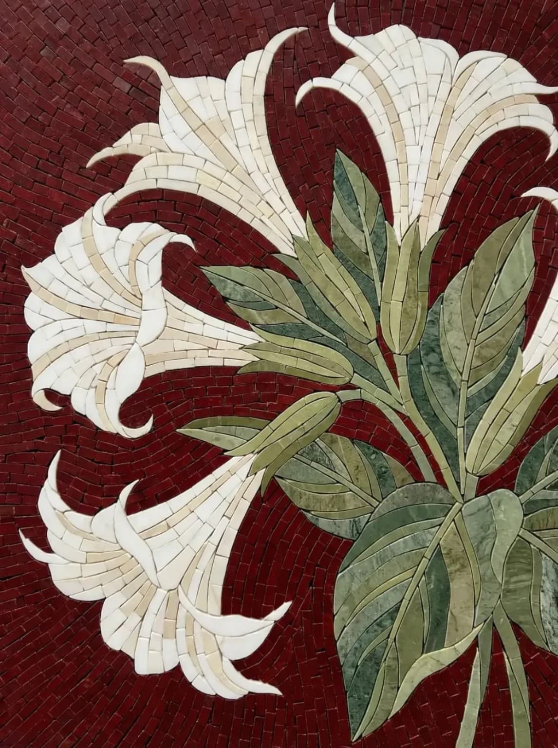Elyra white lilies and green leaves on burgundy mosaic panel