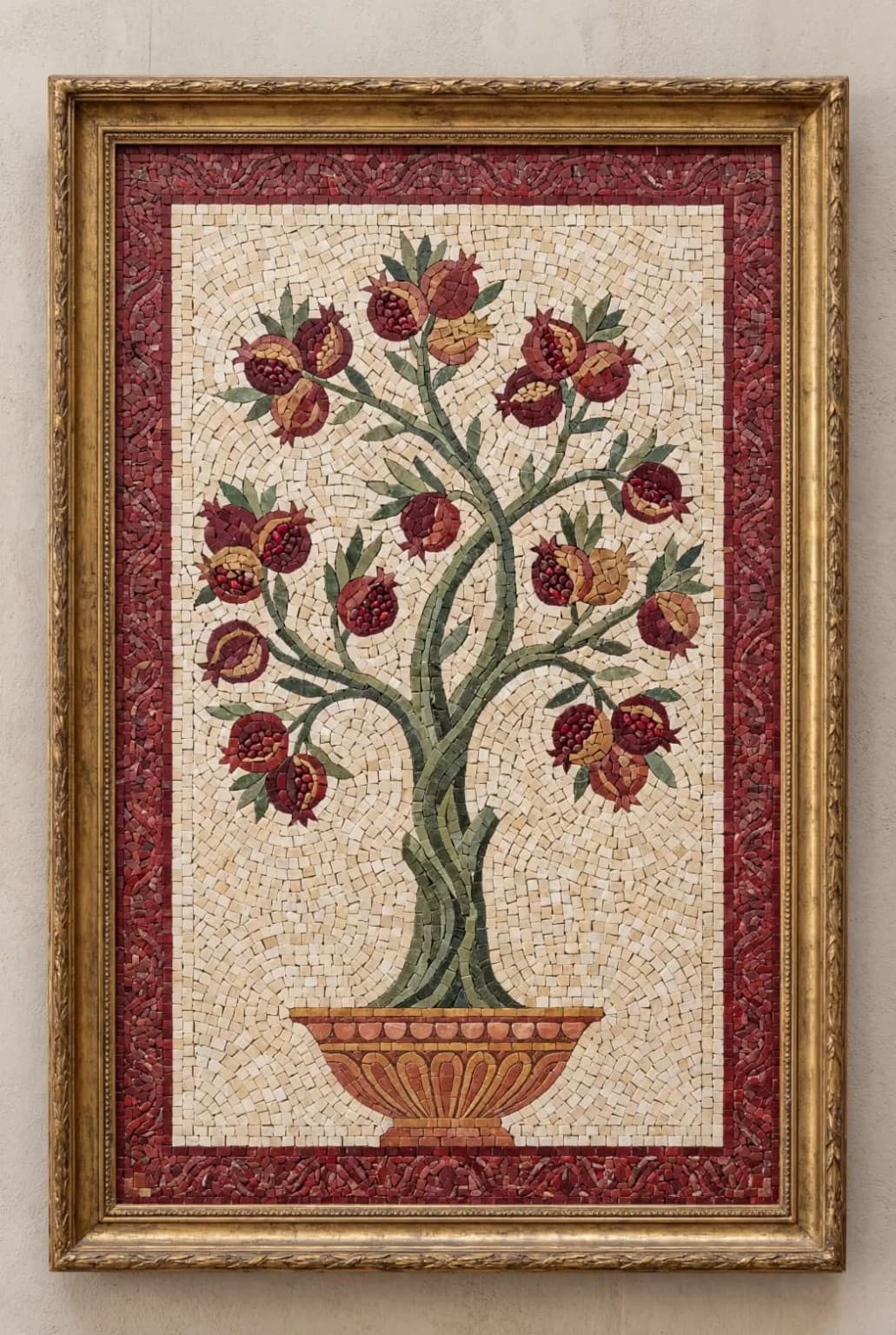 Granvia pomegranate tree in ornamental vessel mosaic panel